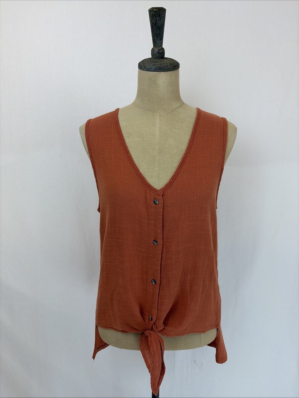 XCVI Wearables Orange Button Up Tied High Low Hem Sleeveless Top SMALL #0654